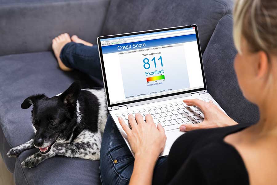 woman checking credit score on laptop